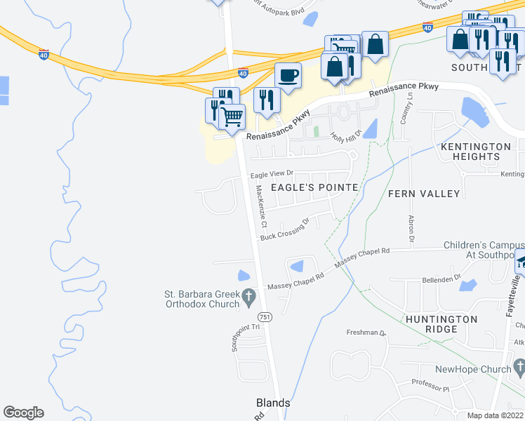 map of restaurants, bars, coffee shops, grocery stores, and more near 15790 Morrell Lane in Durham