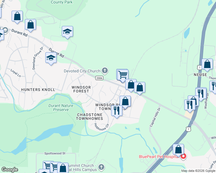 map of restaurants, bars, coffee shops, grocery stores, and more near 8833 Kirkstall Court in Raleigh