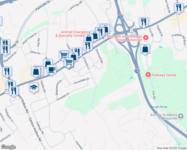 map of restaurants, bars, coffee shops, grocery stores, and more near 208 South David Lane in Knoxville