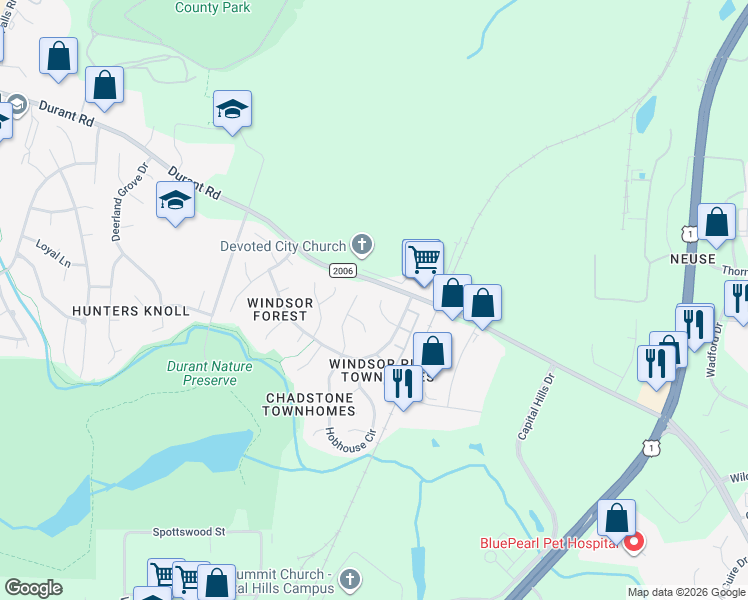 map of restaurants, bars, coffee shops, grocery stores, and more near 8833 Kirkstall Court in Raleigh
