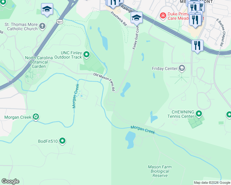 map of restaurants, bars, coffee shops, grocery stores, and more near 218-226 Finley Golf Course Road in Chapel Hill