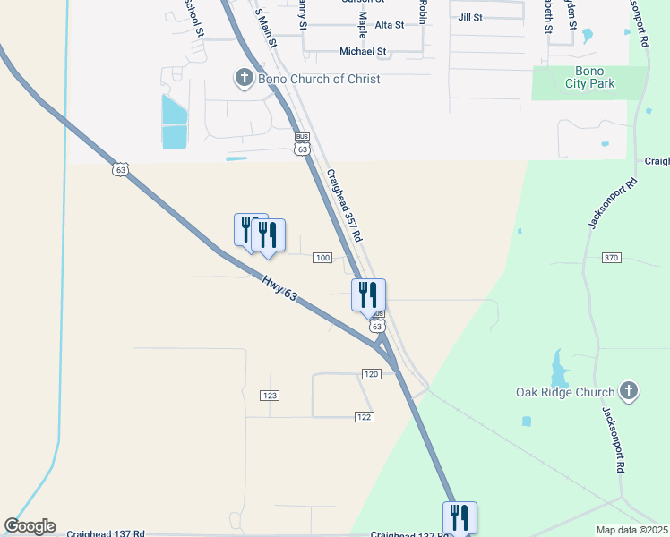 map of restaurants, bars, coffee shops, grocery stores, and more near 10259 US Highway 63 in Bono