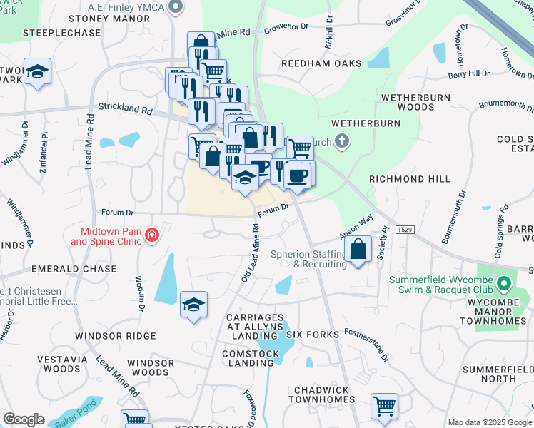 map of restaurants, bars, coffee shops, grocery stores, and more near 8316 Leyburn Court in Raleigh