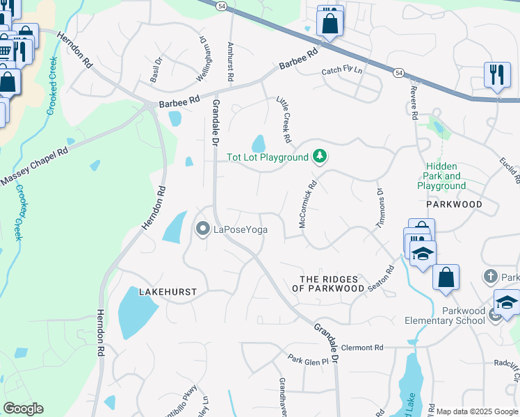 map of restaurants, bars, coffee shops, grocery stores, and more near 1001 Limerick Lane in Durham