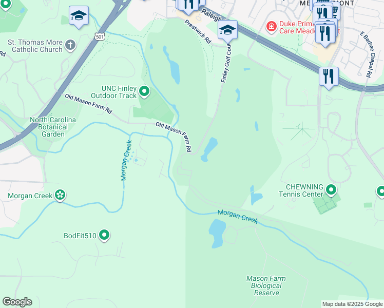 map of restaurants, bars, coffee shops, grocery stores, and more near 101 Old Mason Farm Road in Chapel Hill