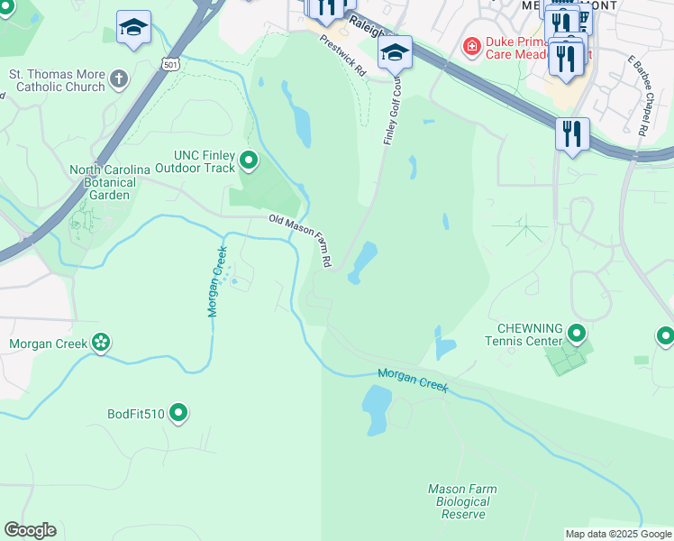 map of restaurants, bars, coffee shops, grocery stores, and more near 226 Finley Golf Course Road in Chapel Hill