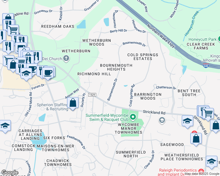 map of restaurants, bars, coffee shops, grocery stores, and more near 8409 Bournemouth Drive in Raleigh
