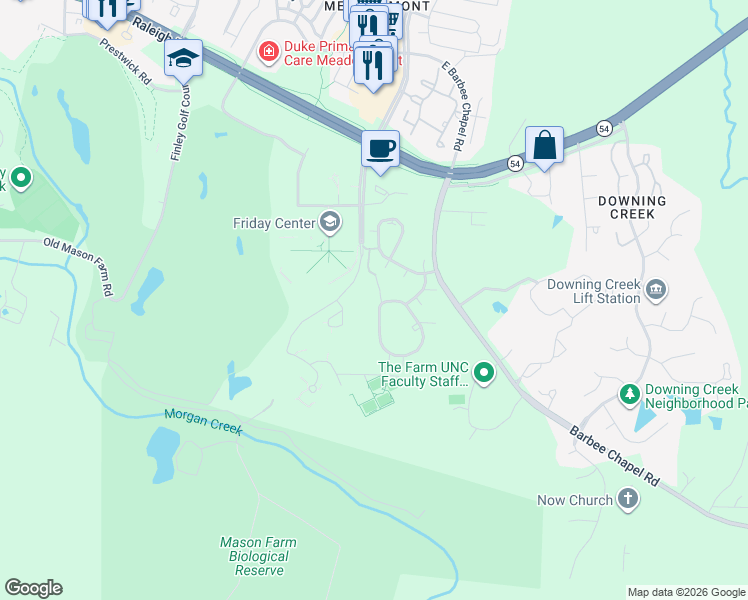 map of restaurants, bars, coffee shops, grocery stores, and more near 209 Summerwalk Circle in Chapel Hill