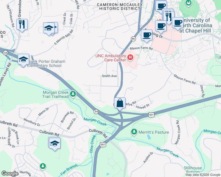 map of restaurants, bars, coffee shops, grocery stores, and more near 404 Coolidge Street in Chapel Hill