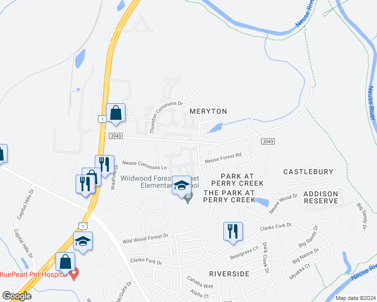 map of restaurants, bars, coffee shops, grocery stores, and more near 8725 Winding River Way in Raleigh