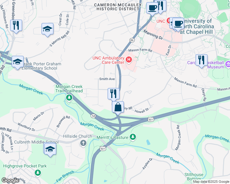 map of restaurants, bars, coffee shops, grocery stores, and more near 401 Coolidge Street in Chapel Hill
