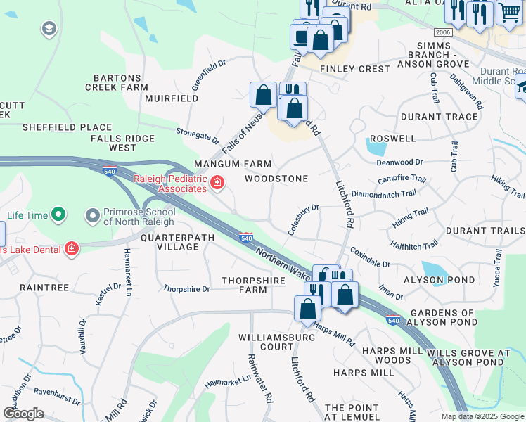 map of restaurants, bars, coffee shops, grocery stores, and more near 8805 Woodstone Drive in Raleigh