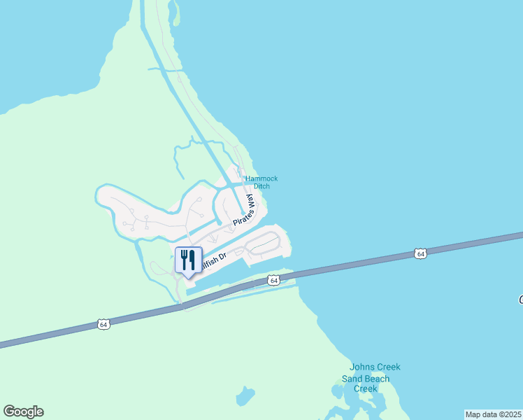 map of restaurants, bars, coffee shops, grocery stores, and more near 1033 Pirates Way in Manteo