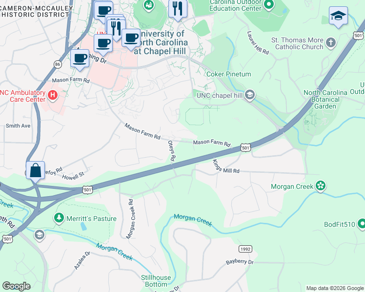 map of restaurants, bars, coffee shops, grocery stores, and more near in Chapel Hill