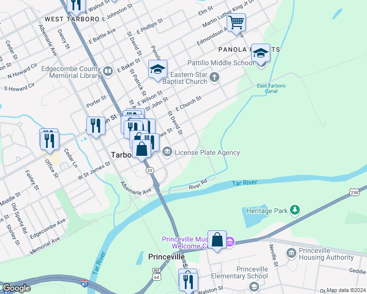 map of restaurants, bars, coffee shops, grocery stores, and more near 401 East Pitt Street in Tarboro