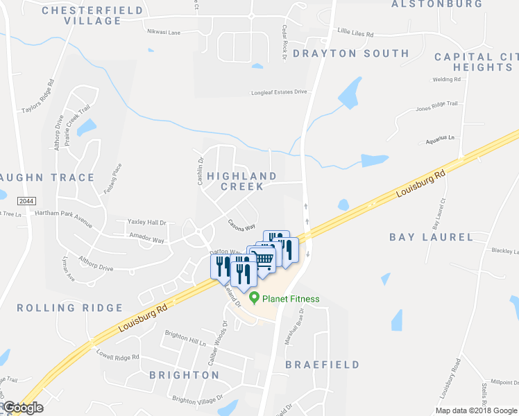 map of restaurants, bars, coffee shops, grocery stores, and more near 2968 Casona Way in Raleigh