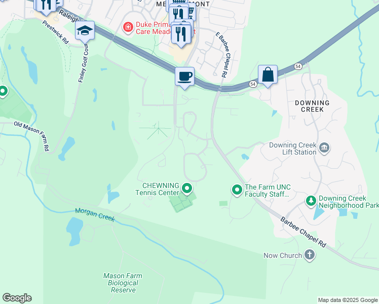 map of restaurants, bars, coffee shops, grocery stores, and more near 108 Finley Forest Drive in Chapel Hill