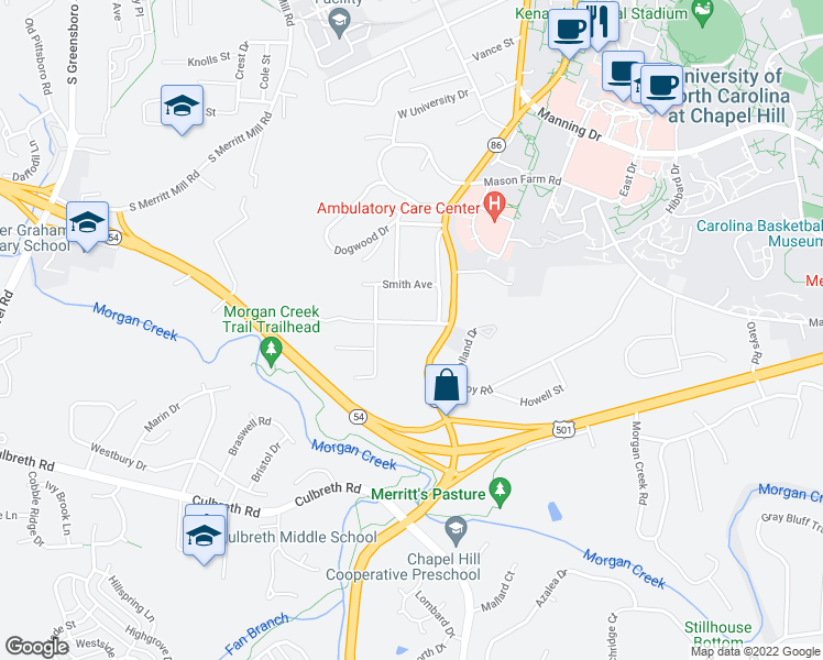 map of restaurants, bars, coffee shops, grocery stores, and more near 404 Coolidge Street in Chapel Hill