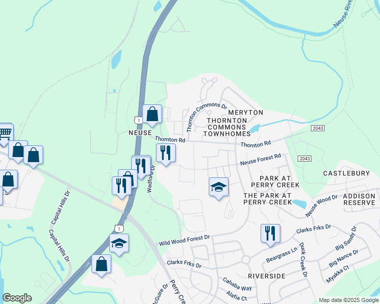 map of restaurants, bars, coffee shops, grocery stores, and more near 8739 Red Canyon Way in Raleigh