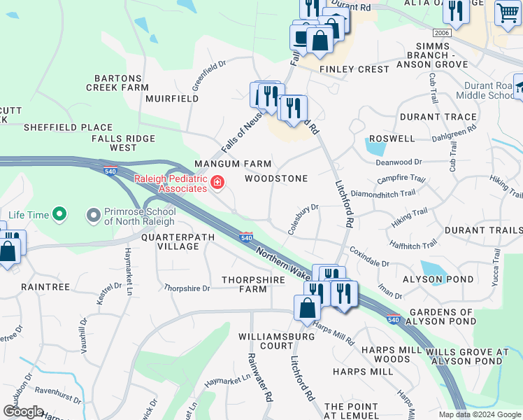 map of restaurants, bars, coffee shops, grocery stores, and more near 8805 Woodstone Drive in Raleigh