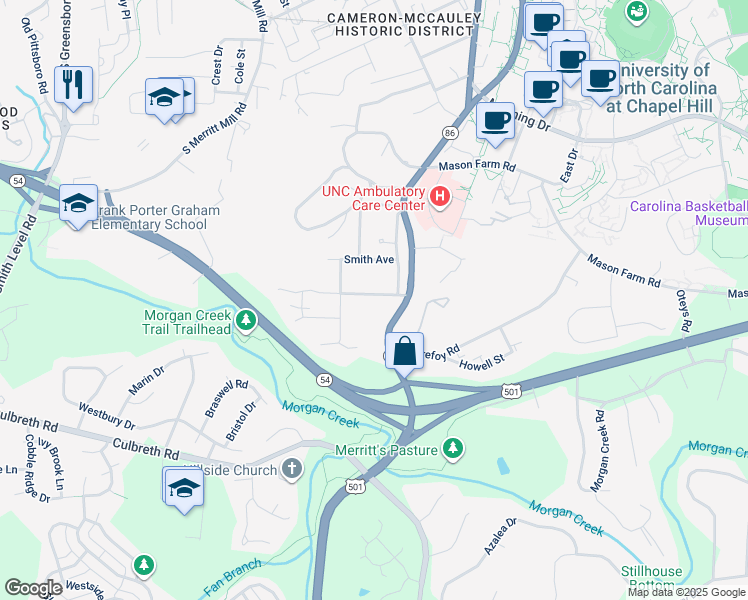 map of restaurants, bars, coffee shops, grocery stores, and more near 407 Coolidge Street in Chapel Hill