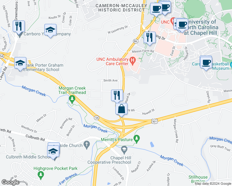 map of restaurants, bars, coffee shops, grocery stores, and more near 403 Coolidge Street in Chapel Hill