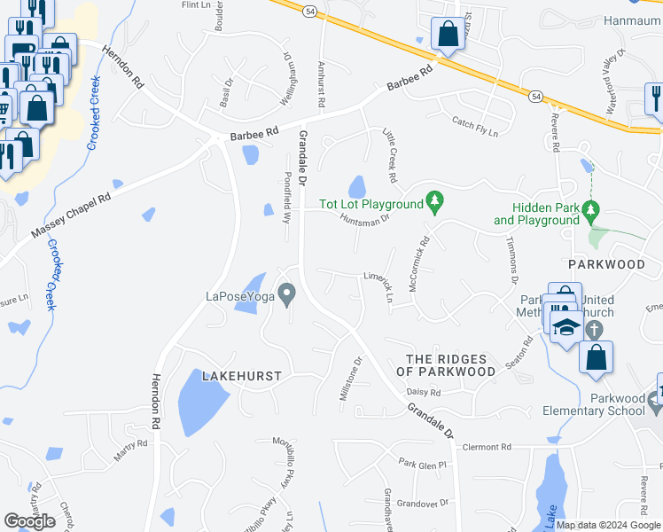 map of restaurants, bars, coffee shops, grocery stores, and more near 909 Limerick Lane in Durham