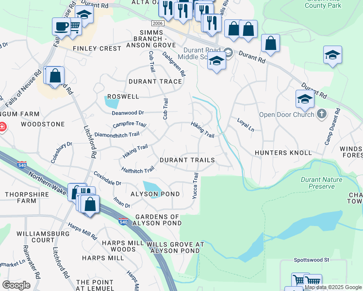 map of restaurants, bars, coffee shops, grocery stores, and more near 8709 Master Court in Raleigh
