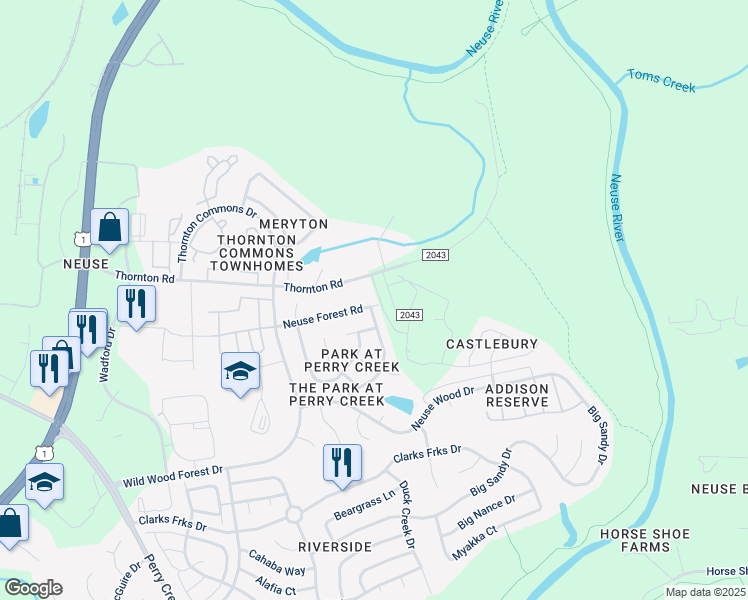 map of restaurants, bars, coffee shops, grocery stores, and more near 5505 Neuse Forest Road in Raleigh