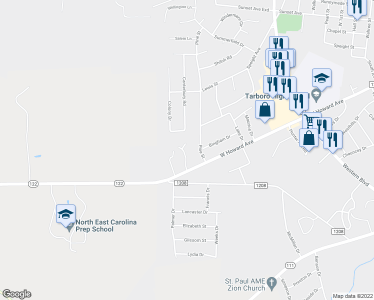 map of restaurants, bars, coffee shops, grocery stores, and more near 2005 Woodgreen Circle in Tarboro