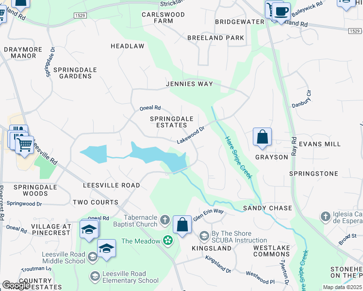 map of restaurants, bars, coffee shops, grocery stores, and more near 8605 Lakewood Drive in Raleigh