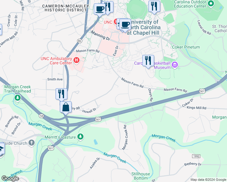map of restaurants, bars, coffee shops, grocery stores, and more near 110 Purefoy Road in Chapel Hill