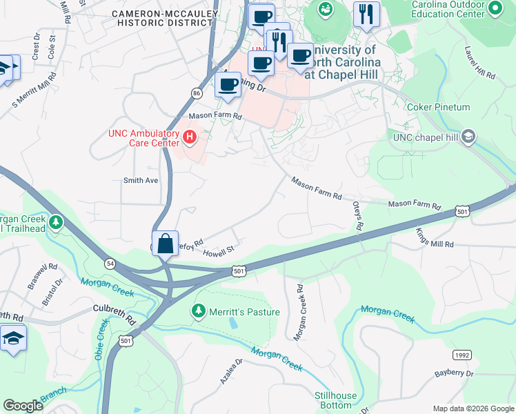 map of restaurants, bars, coffee shops, grocery stores, and more near 110 Purefoy Road in Chapel Hill