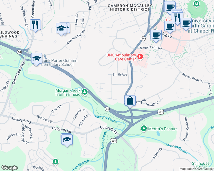 map of restaurants, bars, coffee shops, grocery stores, and more near 510 Coolidge Street in Chapel Hill