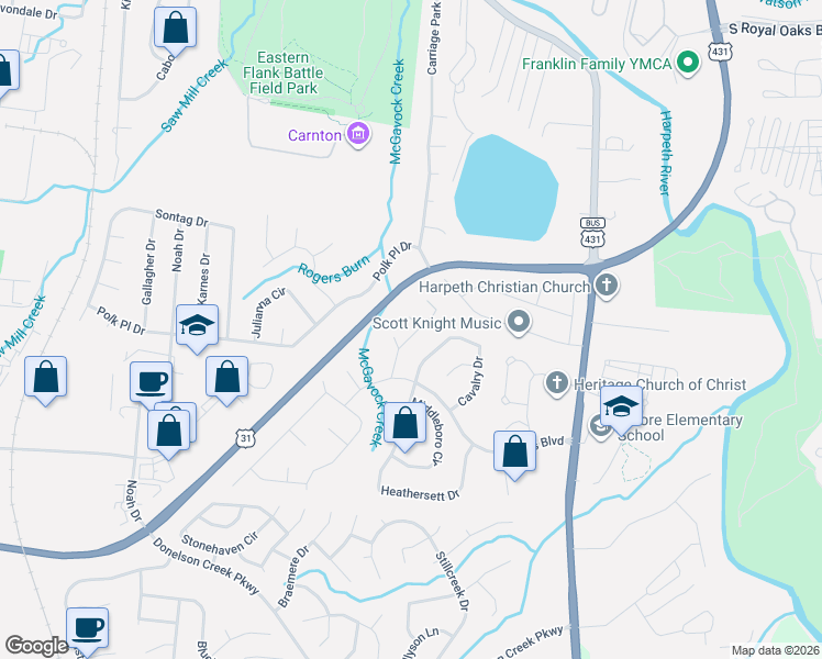 map of restaurants, bars, coffee shops, grocery stores, and more near 304 Claire Court in Franklin
