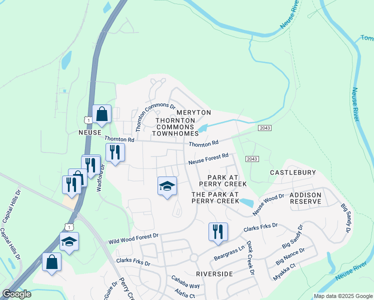 map of restaurants, bars, coffee shops, grocery stores, and more near 8716 Wild Wood Forest Drive in Raleigh