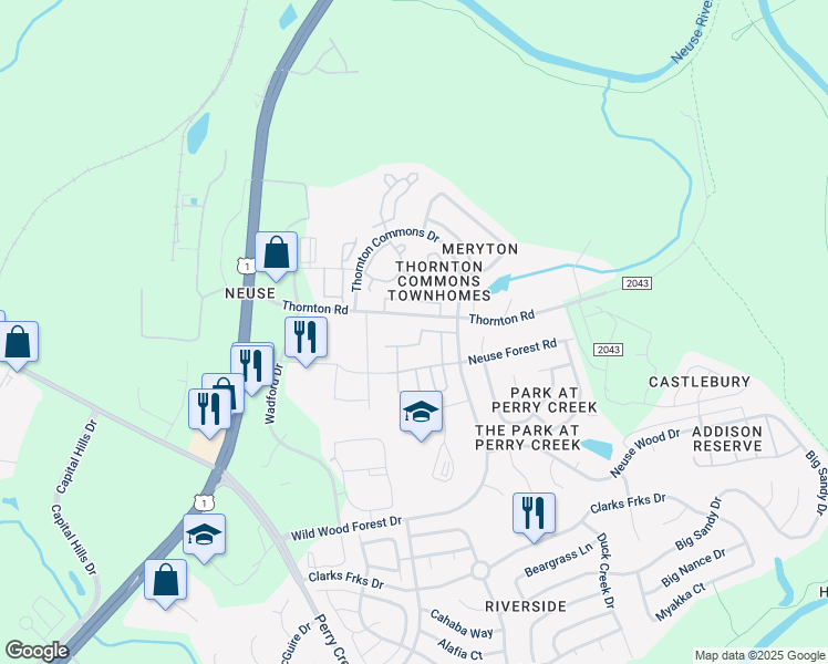 map of restaurants, bars, coffee shops, grocery stores, and more near 5137 Sandy Banks Road in Raleigh