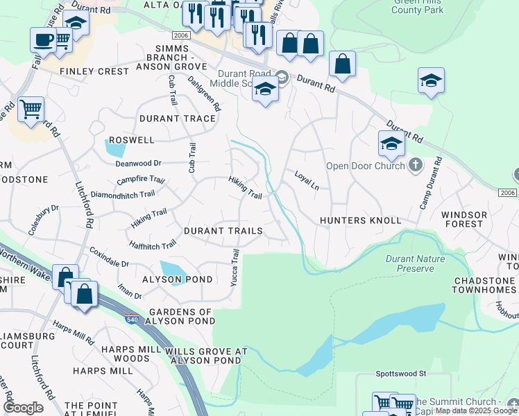 map of restaurants, bars, coffee shops, grocery stores, and more near 3105 Jekyll Circle in Raleigh