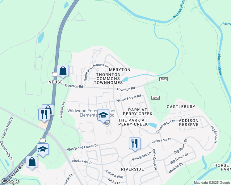 map of restaurants, bars, coffee shops, grocery stores, and more near 8716 Wild Wood Forest Drive in Raleigh