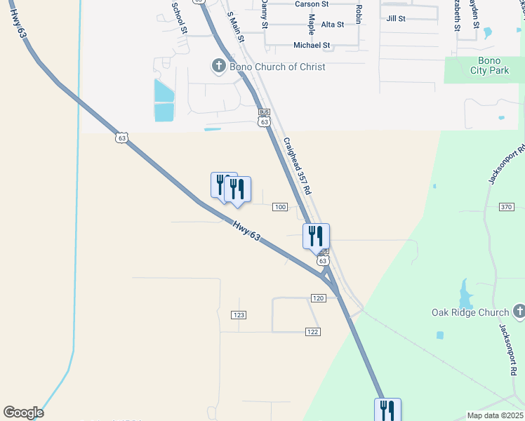 map of restaurants, bars, coffee shops, grocery stores, and more near 127 County Road 100 in Bono