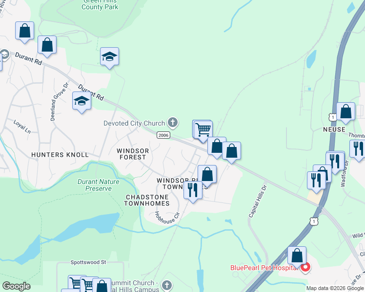 map of restaurants, bars, coffee shops, grocery stores, and more near 8833 Kirkstall Court in Raleigh