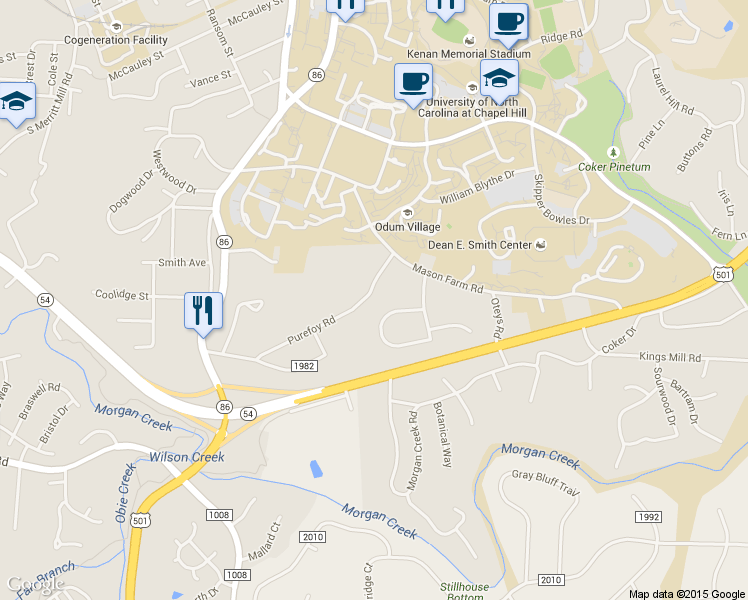 map of restaurants, bars, coffee shops, grocery stores, and more near 113 Purefoy Road in Chapel Hill