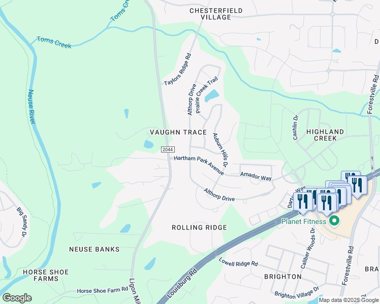 map of restaurants, bars, coffee shops, grocery stores, and more near 3505 Althorp Drive in Raleigh