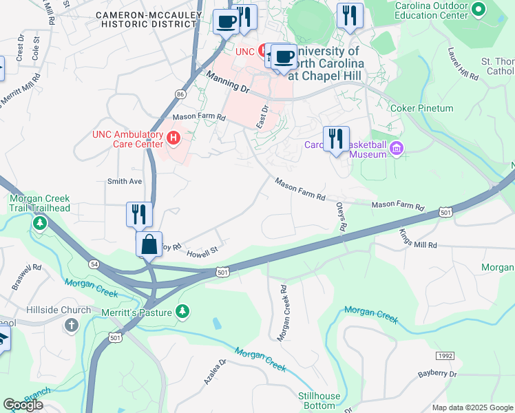 map of restaurants, bars, coffee shops, grocery stores, and more near 113 Purefoy Road in Chapel Hill