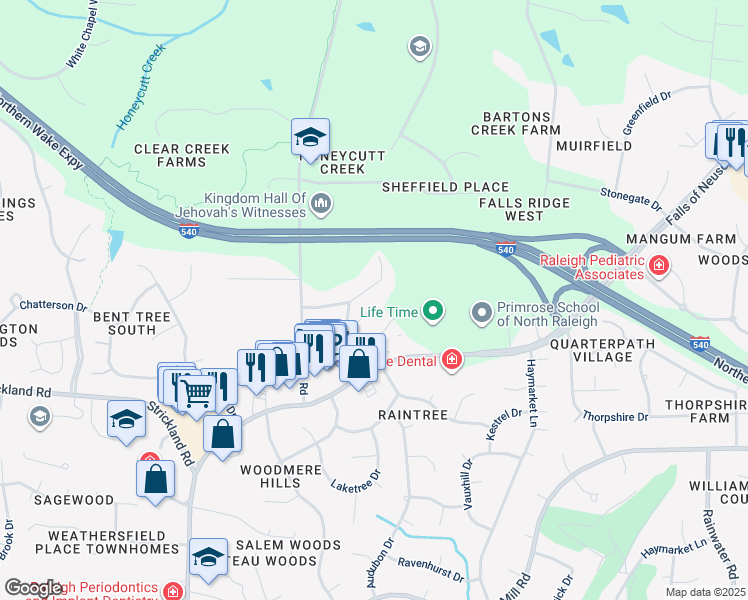 map of restaurants, bars, coffee shops, grocery stores, and more near 8313 Rue Cassini Court in Raleigh
