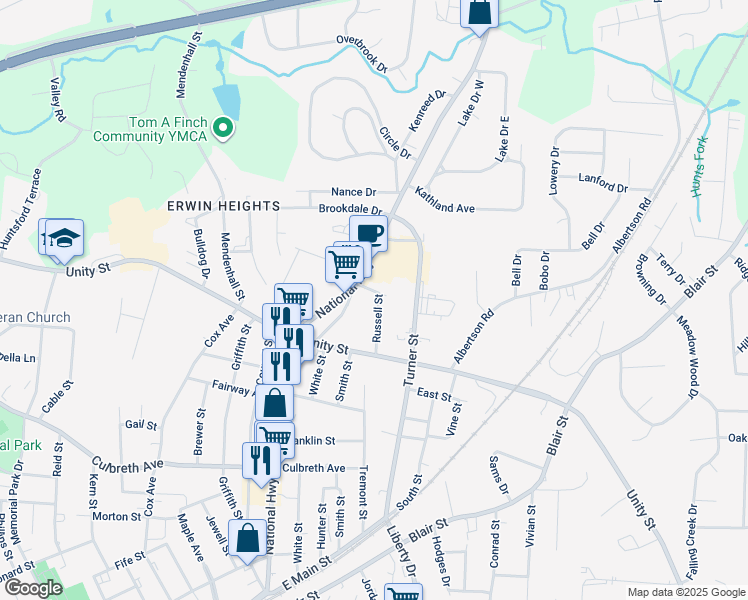 map of restaurants, bars, coffee shops, grocery stores, and more near 626 Russell Street in Thomasville