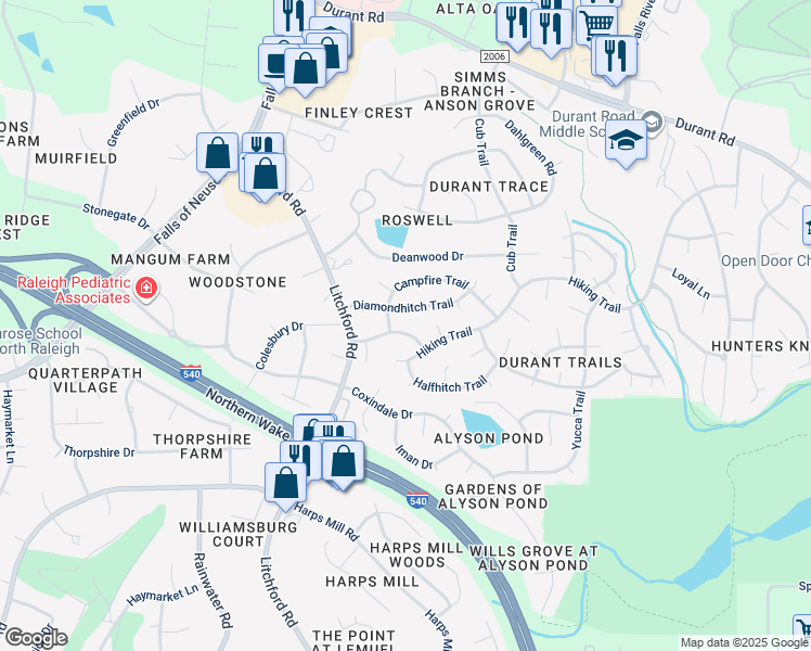map of restaurants, bars, coffee shops, grocery stores, and more near 2509 Scouting Trail in Raleigh