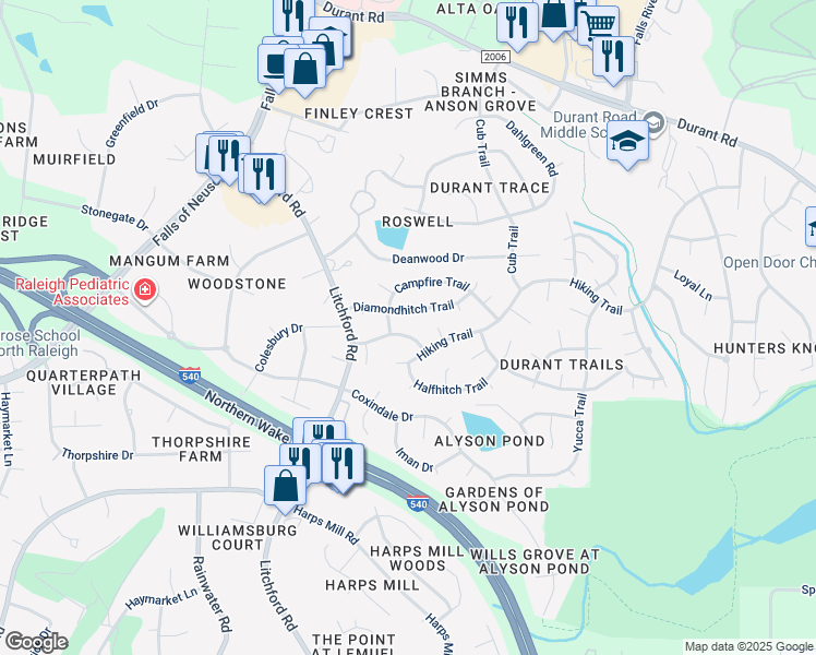 map of restaurants, bars, coffee shops, grocery stores, and more near 2509 Scouting Trail in Raleigh