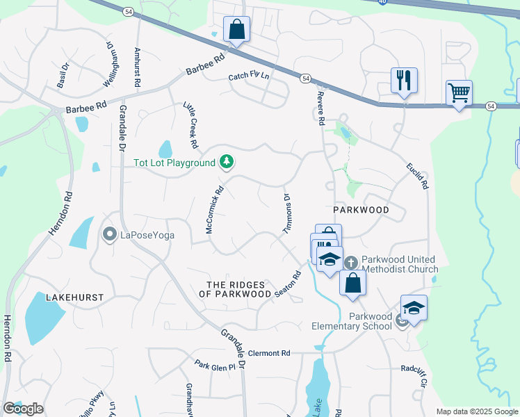 map of restaurants, bars, coffee shops, grocery stores, and more near 14 Tipperary Ct in Durham