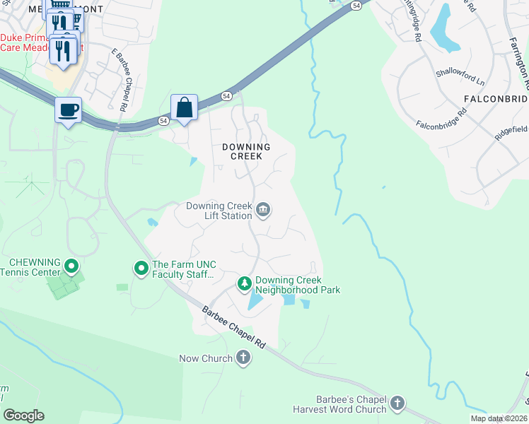 map of restaurants, bars, coffee shops, grocery stores, and more near 1834 Chedworth Court in Chapel Hill